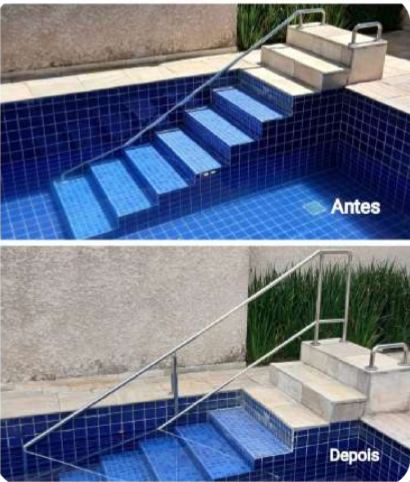 Corrimão novo na escada da piscina do condomínio, antes e depois