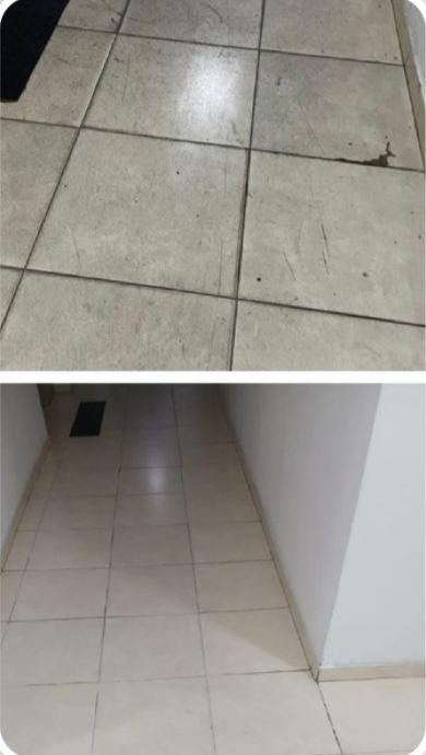 Piso do condomínio antes e depois do teste de novos produtos de limpeza
